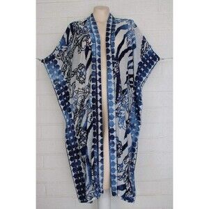 New NWT Chico's S/M Calm Blue Knit Filigree Burnout Long Ruana Jacket